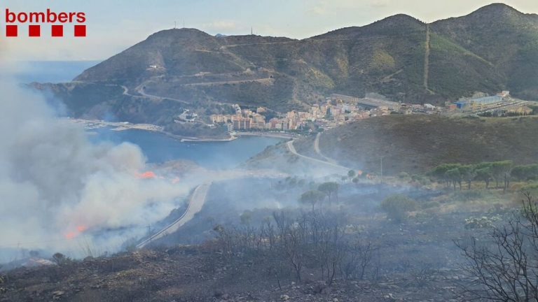 Los bomberos trabajan en un incendio en Portbou, el pueblo fronterizo a Francia