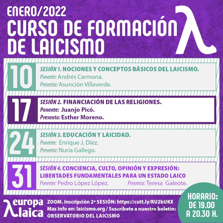 El próximo lunes 17 continúa el Curso Básico de Laicismo con la ponencia a cargo de Juanjo Picó sobre la financiación de las religiones