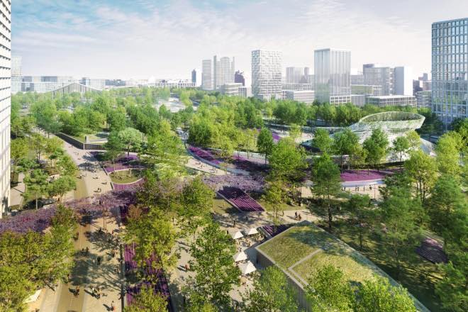 un bosque urbano con jardín vertical