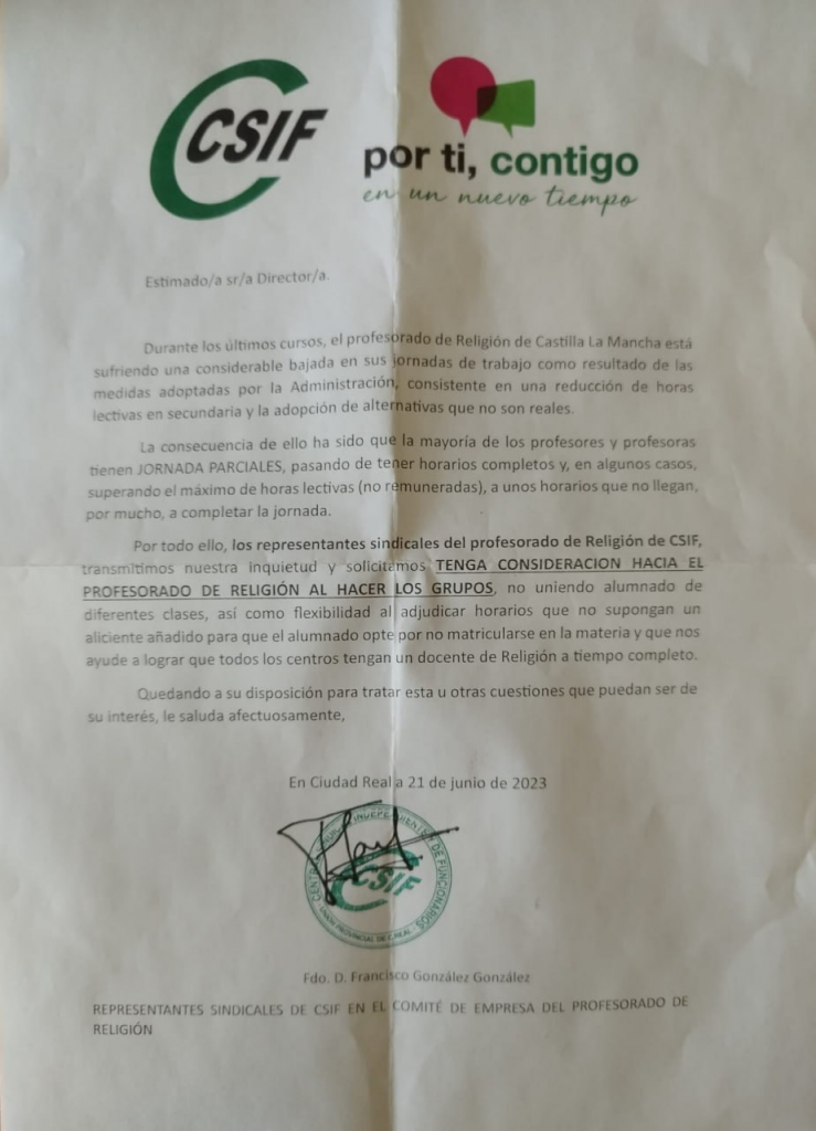 CSIF pide en Castilla-La Mancha forzar que haya catequistas en todos los centros a jornada completa – El Observatorio del laicismo
